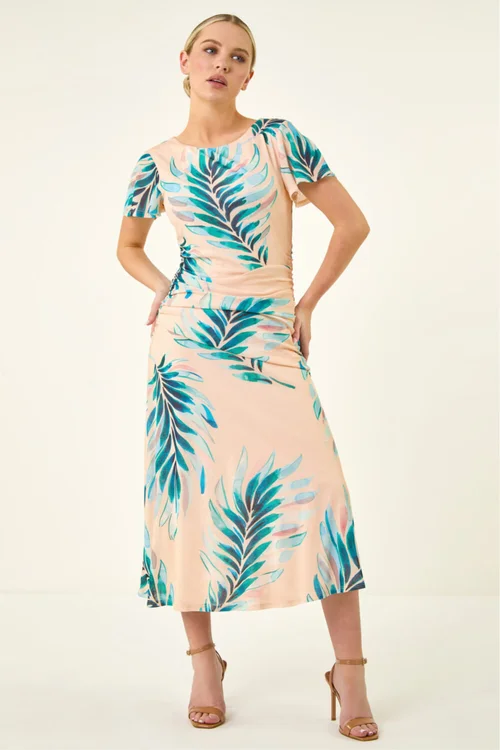 Roman Ivory Petite Floral Side Ruched Midi Dress - Size 18 Image 2