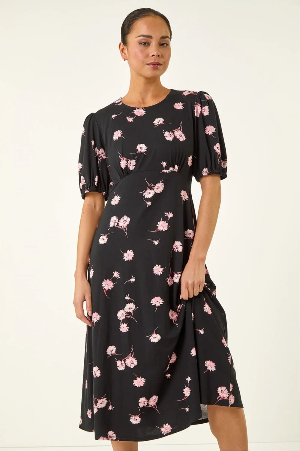Roman Black Petite Floral Stretch Midi Dress - 14 Image 4