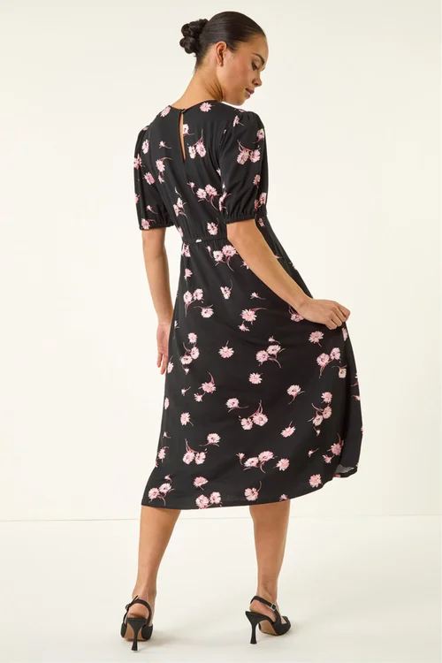 Roman Black Petite Floral Stretch Midi Dress - 10 Image 3