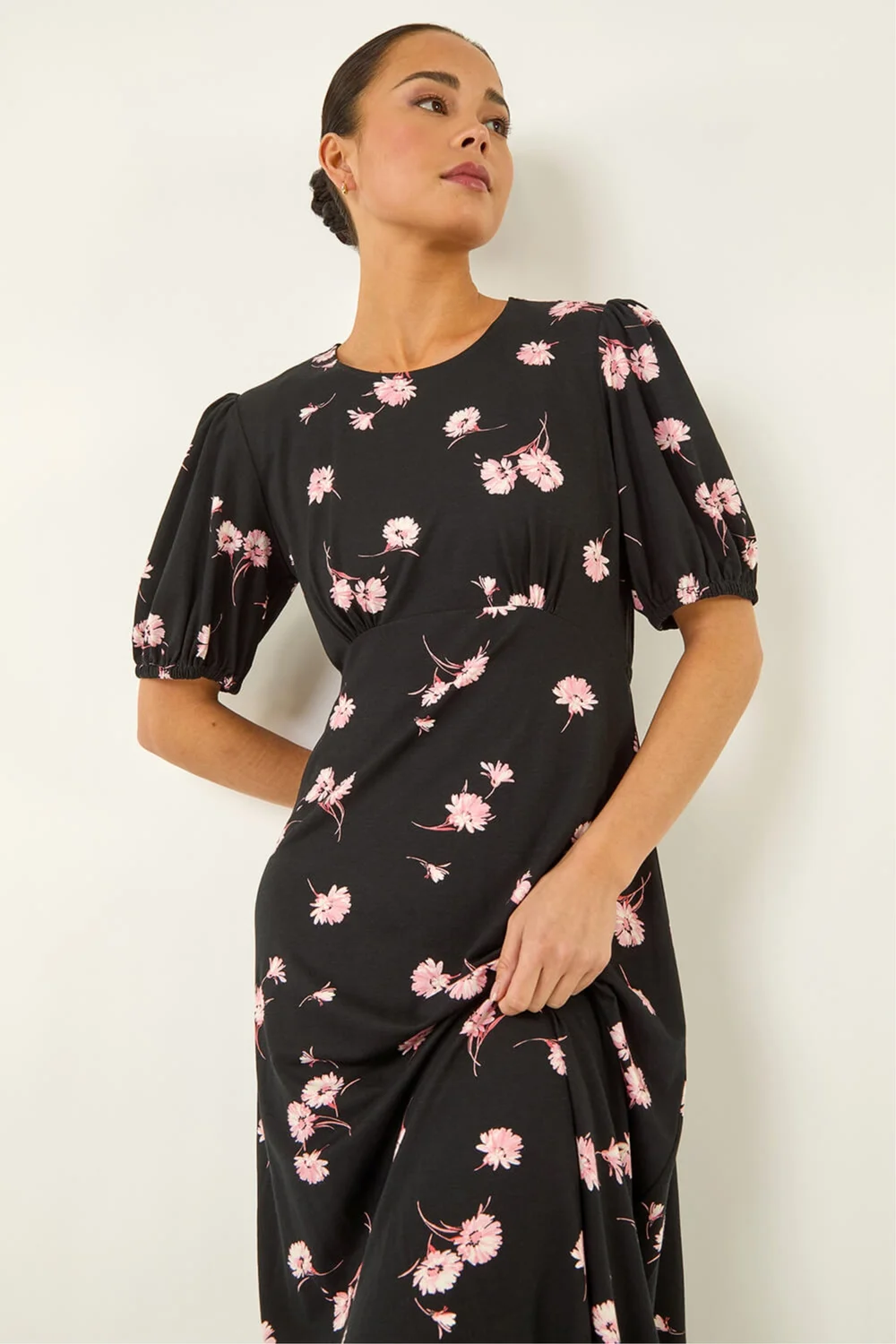 Roman Black Petite Floral Stretch Midi Dress - 10 Image 1