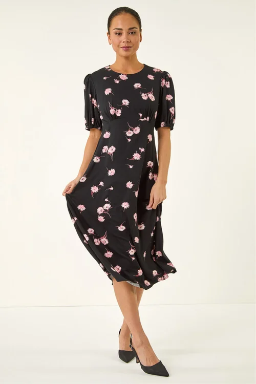 Roman Black Petite Floral Stretch Midi Dress - 10 Image 2