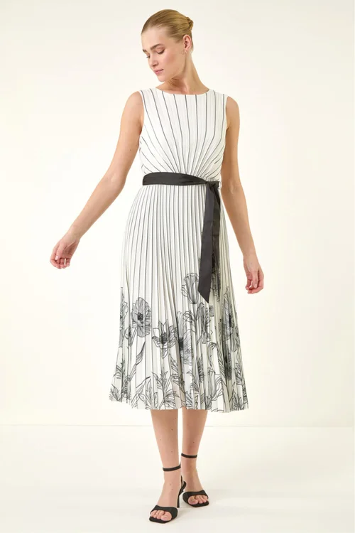 Roman Ivory Border Print Pleated Midi Dress - 10 Image 2