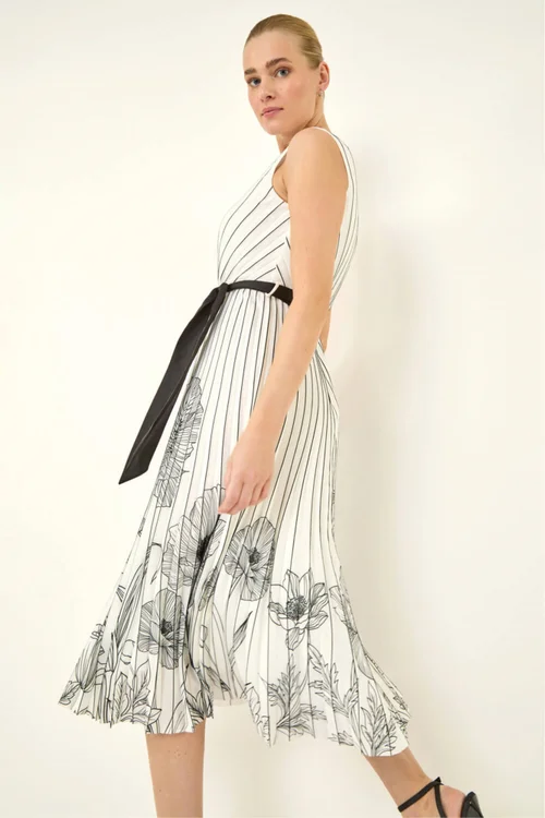 Roman Ivory Border Print Pleated Midi Dress - 10 Image 1