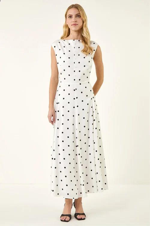 Roman Ivory Spot Print Boat Neck Dress - 14 Image 3