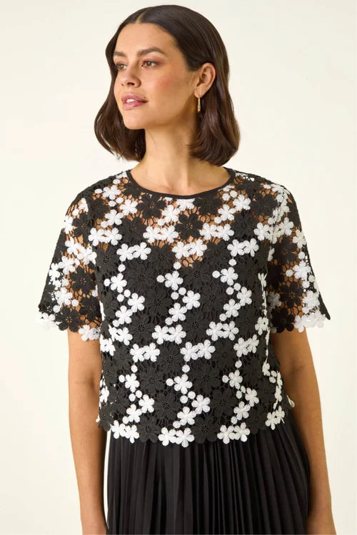 Roman Black Lace Overlay Pleated Midi Dress - 18 Image 4