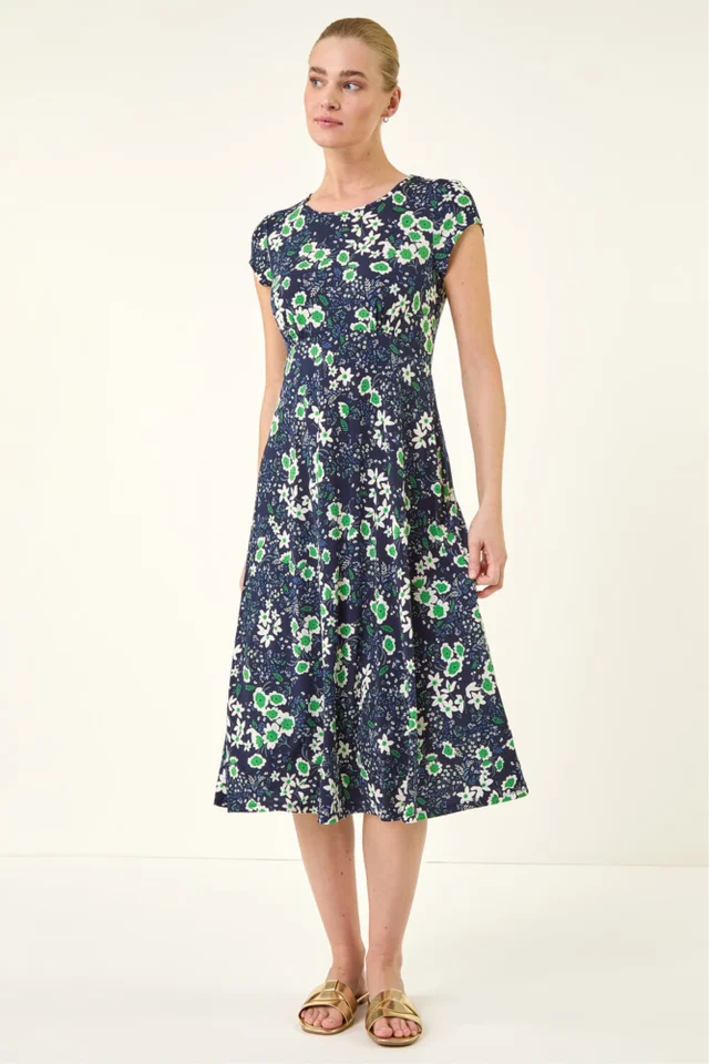 Roman Green Floral Print Midi Tea Dress