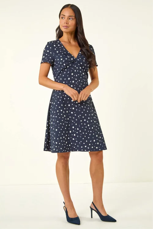 Roman Navy Petite Spot Print Twist Front Dress - Size 18 Image 2