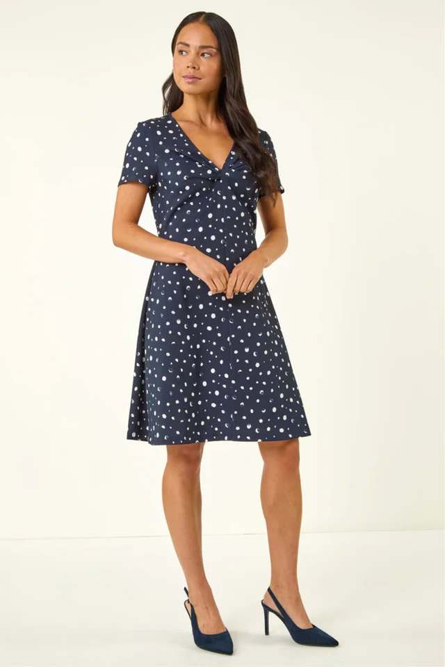 Roman Navy Petite Spot Print Twist Front Dress