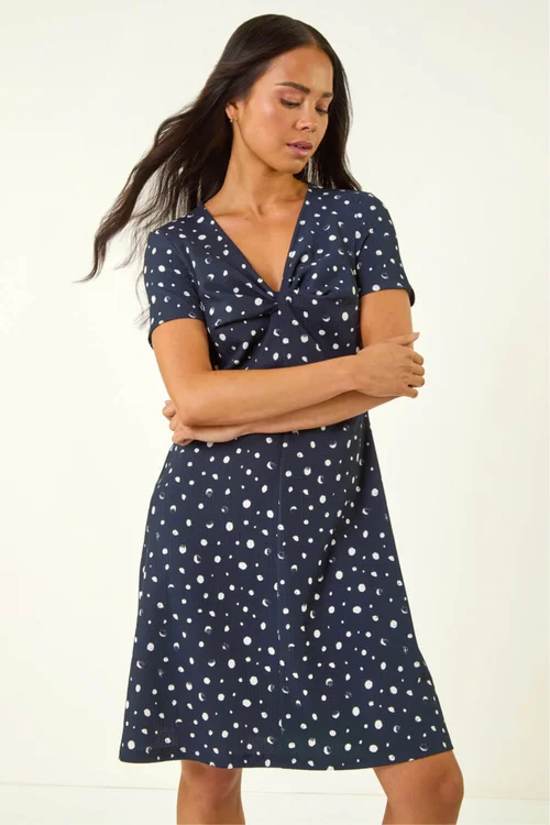 Roman Navy Petite Spot Print Twist Front Dress - Size 18 Image 1