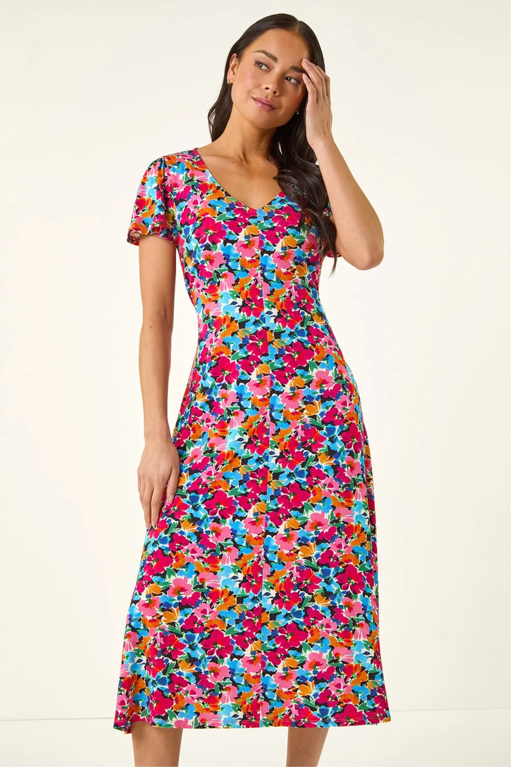 Roman Pink Petite Floral Button Pocket Midi Dress - 14 Image 2