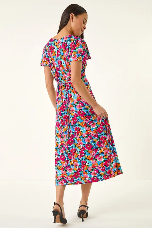 Roman Pink Petite Floral Button Pocket Midi Dress - 14 Image 3