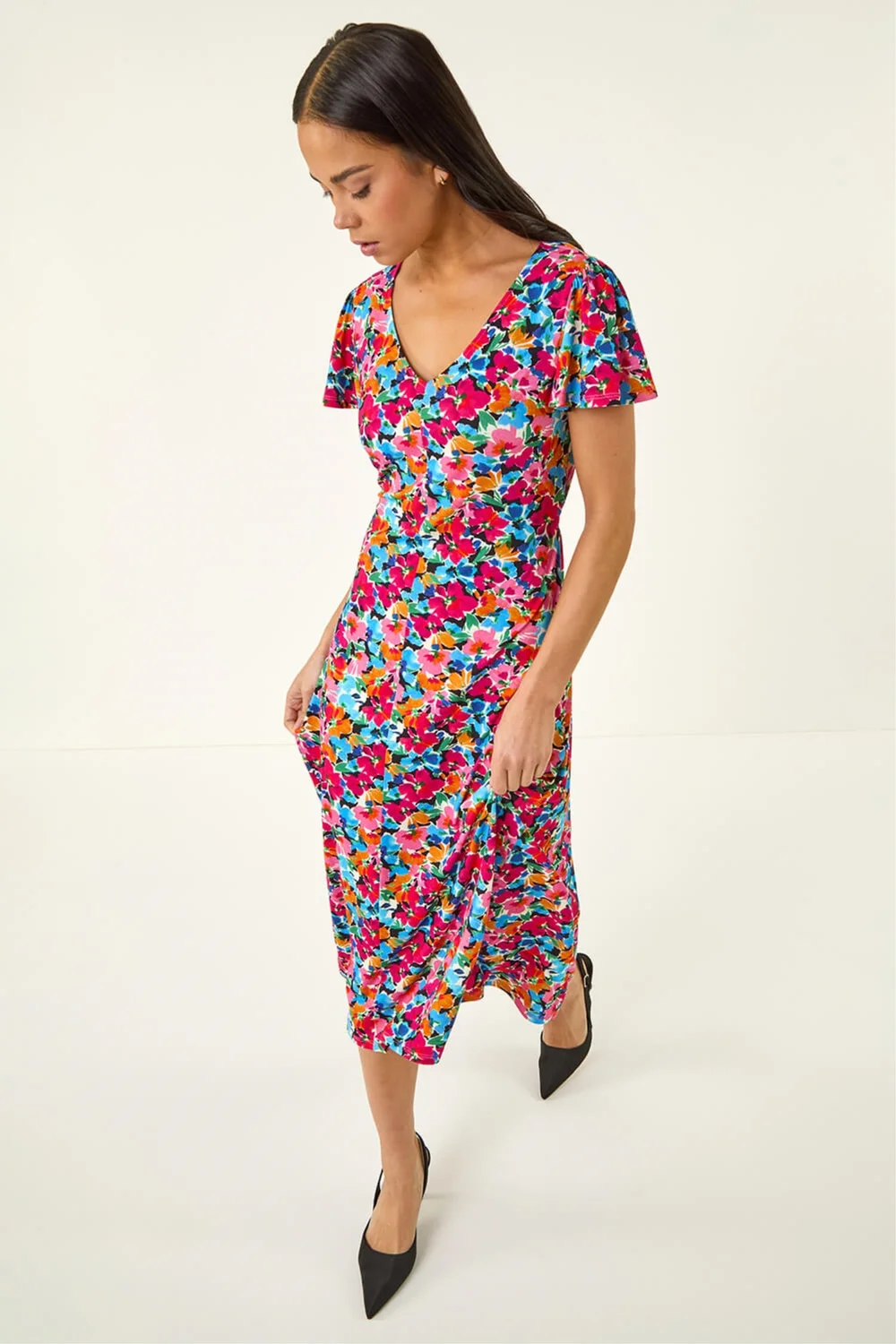 Roman Pink Petite Floral Button Pocket Midi Dress - 14 Image 1