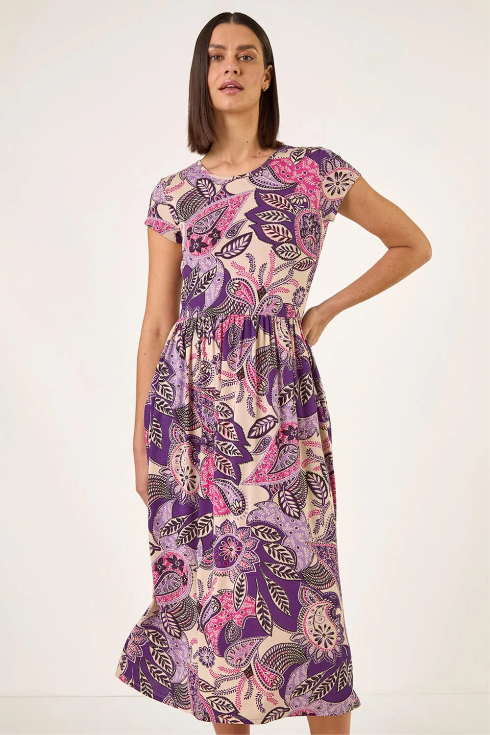 Roman Purple Paisley Print Short Sleeve Midi Dress - Size 16 Image 1