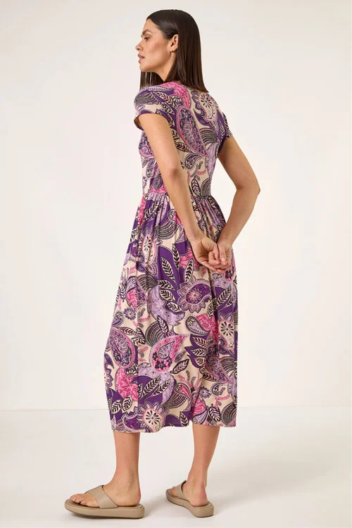 Roman Purple Paisley Print Short Sleeve Midi Dress - Size 16 Image 3