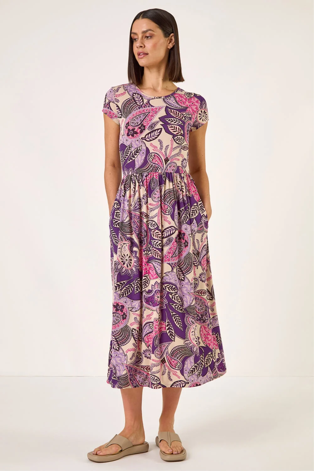 Roman Purple Paisley Print Short Sleeve Midi Dress - 16 Image 2