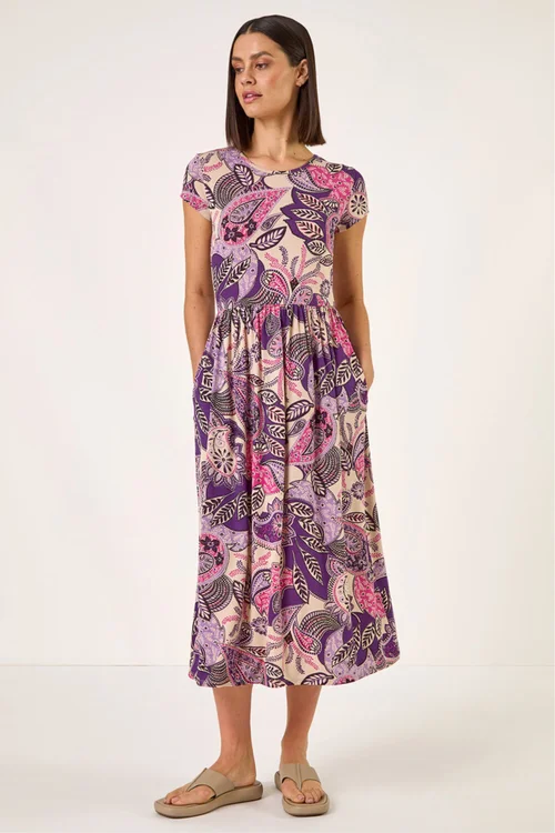 Roman Purple Paisley Print Short Sleeve Midi Dress - Size 16 Image 2