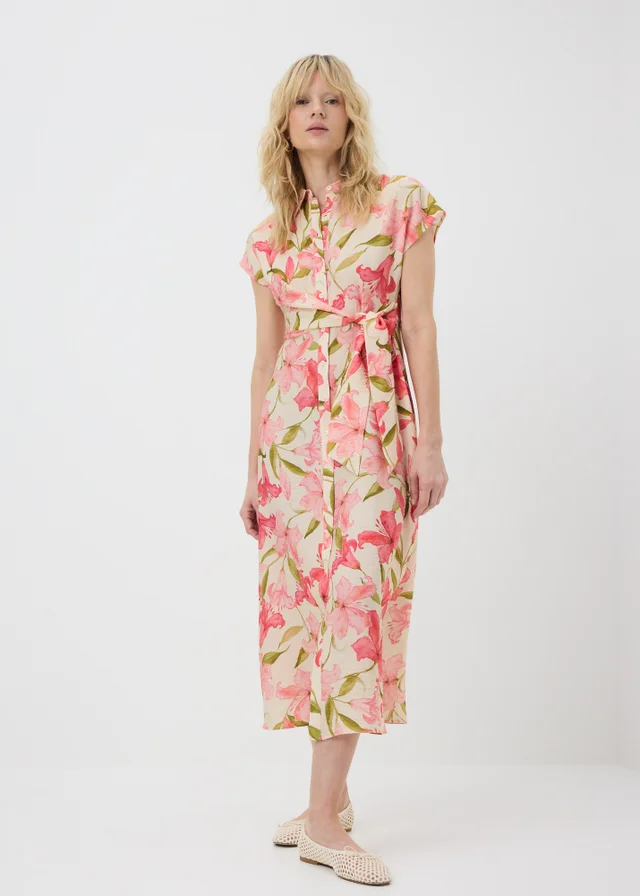 Pink Tropical Floral Midi Shirt Dress