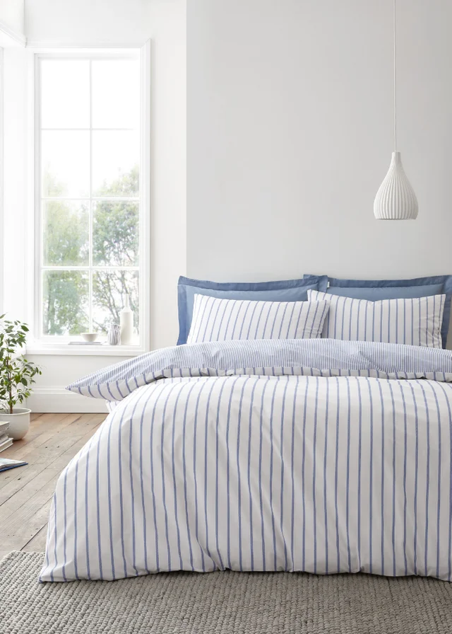Bianca Fine Linens Hampton Stripe 200 Thread Count Cotton Reversible Duvet Cover Set Blue