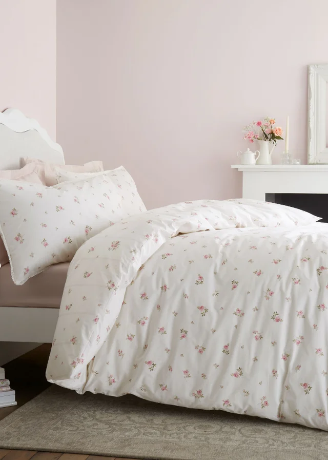 Bianca Fine Linens Vintage Rosebud Lace 200 Thread Count Cotton Reversible Duvet Cover Set Cream