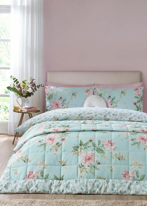 Catherine Lansfield Avebury Floral Reversible Quilted 220x230cm Bedspread Duck Egg Blue - One Size Image 3