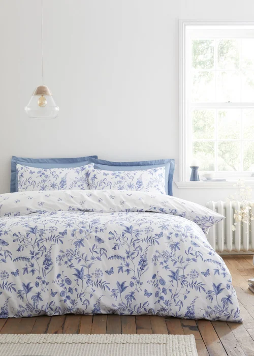 Bianca Fine Linens Thea Floral 200 Thread Count Cotton Reversible Duvet Cover Set Blue - Single Image 1