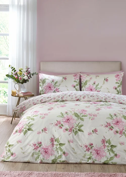 Catherine Lansfield Avebury Floral Reversible Duvet Cover Set Cream - Single Image 1