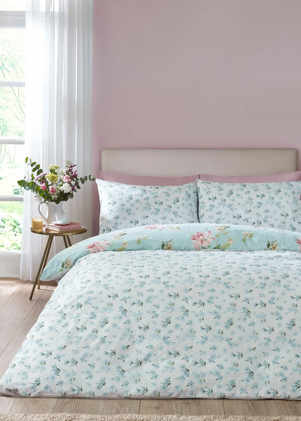 Catherine Lansfield Avebury Floral Reversible Duvet Cover Set Duck Egg Blue - Single Image 2