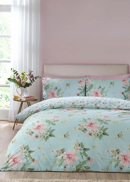 Catherine Lansfield Avebury Floral Reversible Duvet Cover Set Duck Egg Blue - Single Image 1