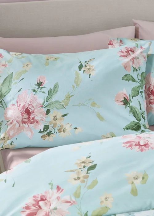Catherine Lansfield Avebury Floral Reversible Duvet Cover Set Duck Egg Blue - Single Image 3