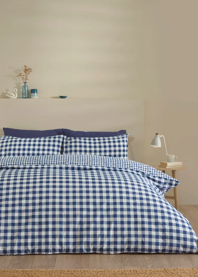 Catherine Lansfield Bamford Gingham Check Reversible Duvet Cover Set Navy Blue