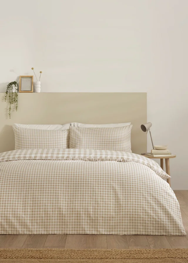Catherine Lansfield Bamford Gingham Check Reversible Duvet Cover Set Natural