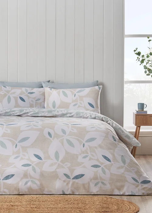 Catherine Lansfield Inga Leaf Reversible Duvet Cover Set Natural - Single Image 1