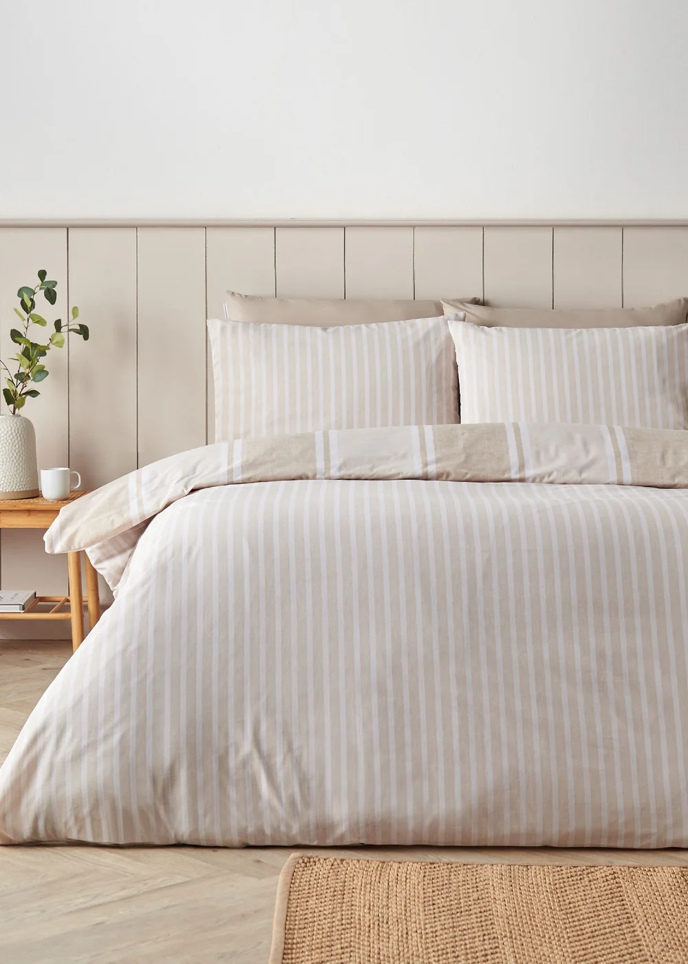 Catherine Lansfield Banded Stripe Reversible Duvet Cover Set Natural - Single Image 2