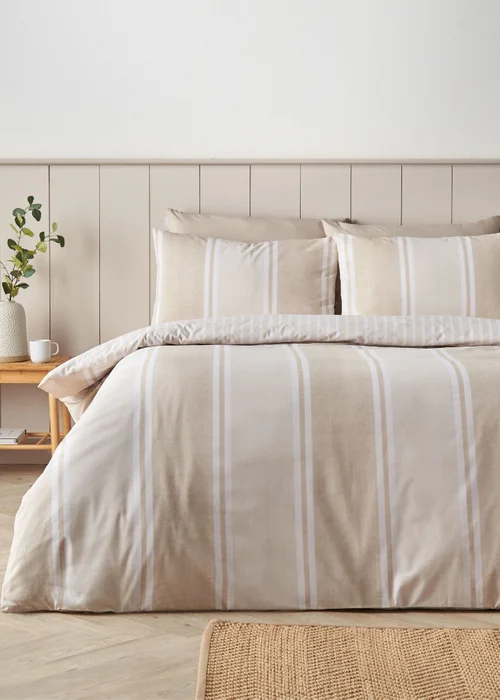 Catherine Lansfield Banded Stripe Reversible Duvet Cover Set Natural - Single Image 1