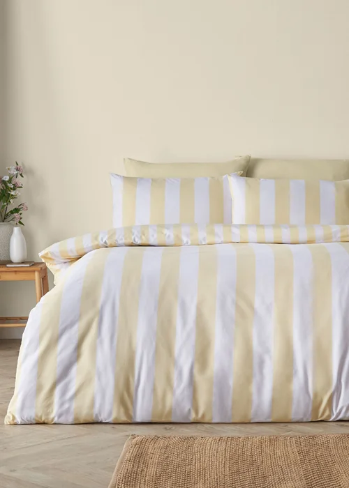 Catherine Lansfield Cove Stripe Reversible Duvet Cover Set Yellow - Single Image 1