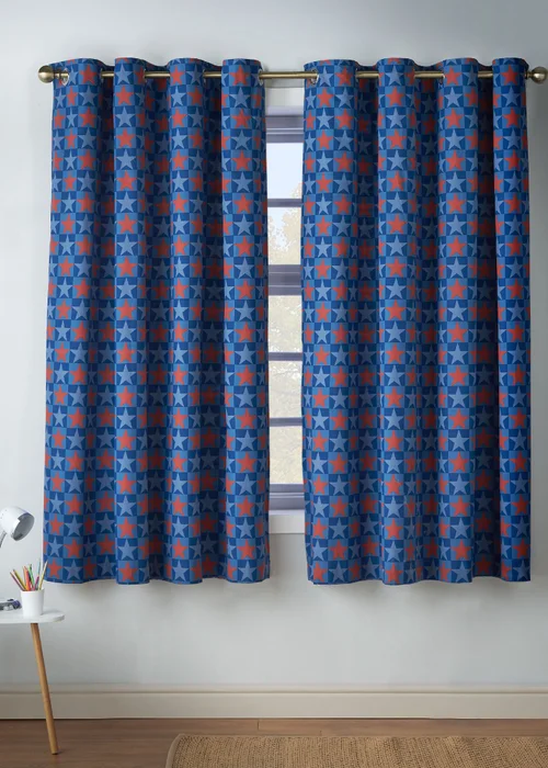 Catherine Lansfield Kids Stars And Check Fully Reversible Eyelet Curtains Blue - 66W X 72D (168x183cm) Image 2