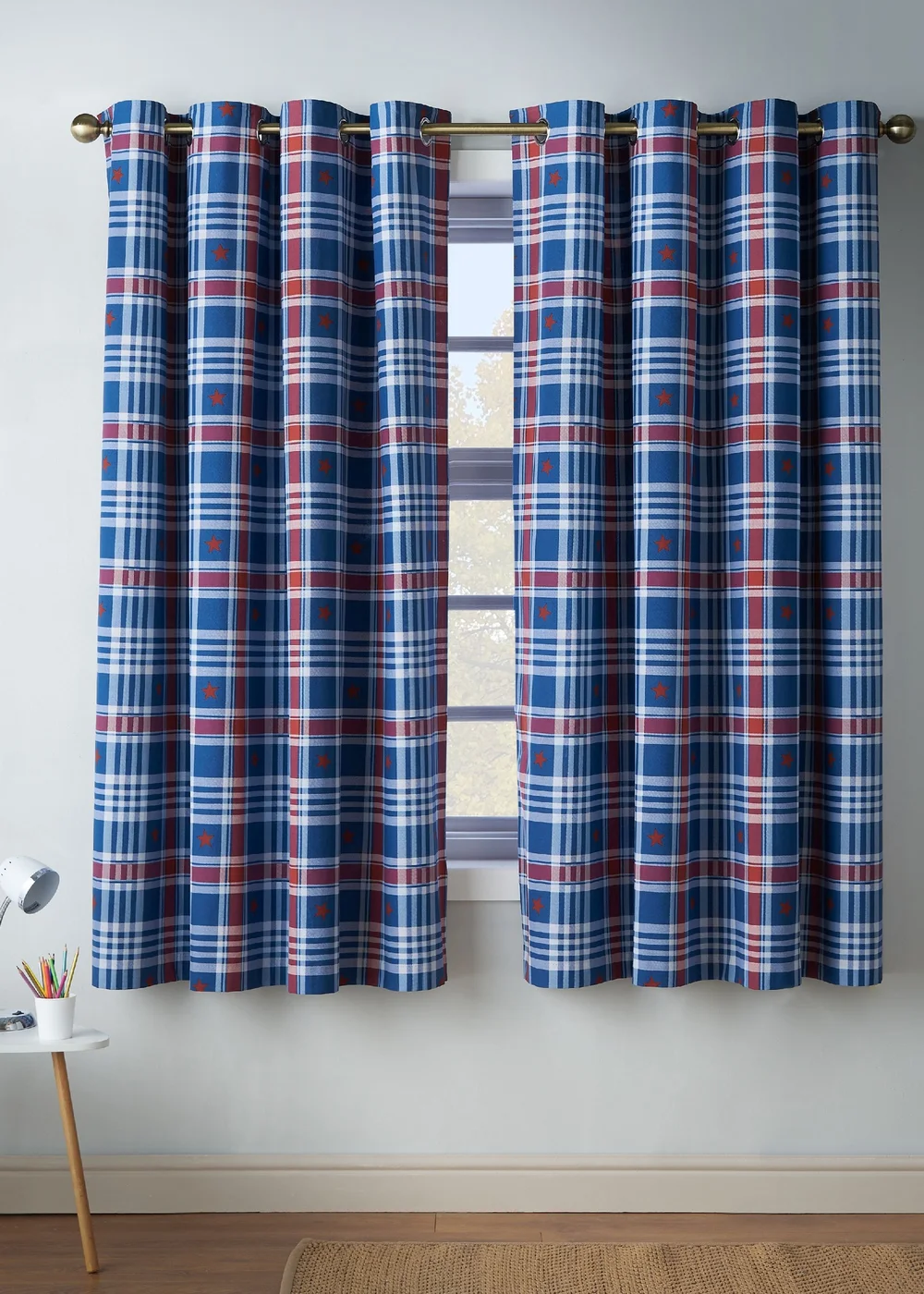Catherine Lansfield Kids Stars And Check Fully Reversible Eyelet Curtains Blue - 66W X 72D (168x183cm) Image 1