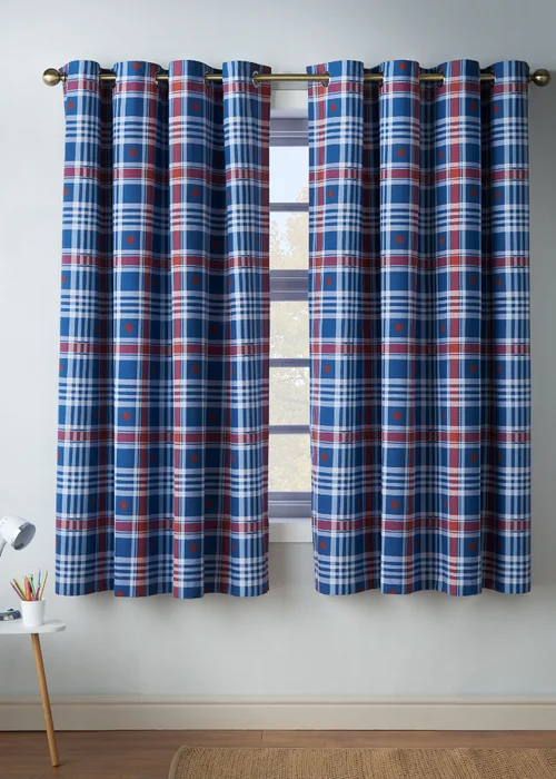 Catherine Lansfield Kids Stars And Check Fully Reversible Eyelet Curtains Blue - 66W X 72D (168x183cm) Image 1