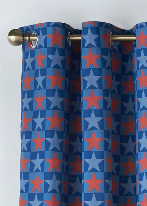 Catherine Lansfield Kids Stars And Check Fully Reversible Eyelet Curtains Blue - 66W X 72D (168x183cm) Image 4