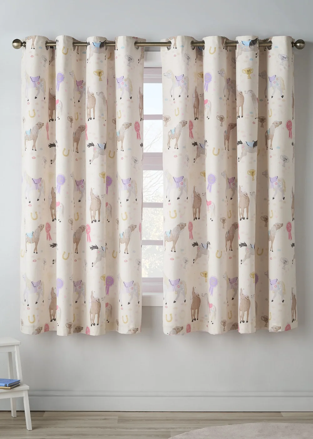 Catherine Lansfield Kids Happy Horses Fully Reversible Eyelet Curtains Cream - 66W X 72D (168x183cm) Image 1