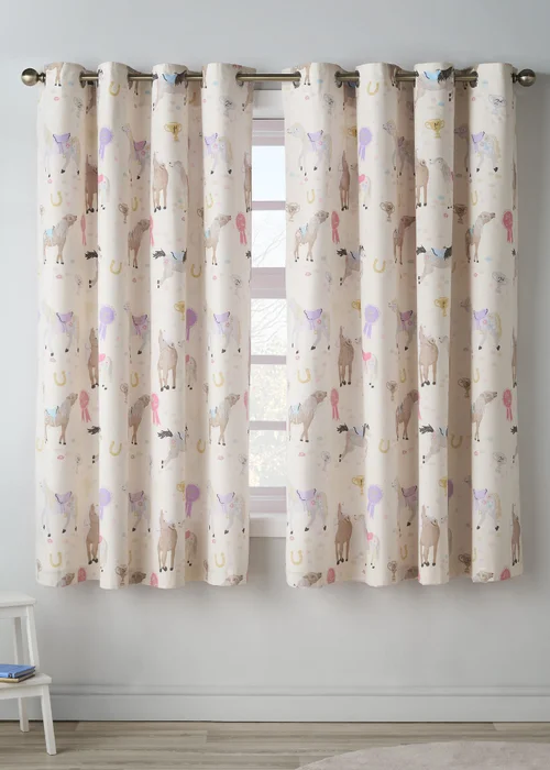 Catherine Lansfield Kids Happy Horses Fully Reversible Eyelet Curtains Cream - 66W X 72D (168x183cm) Image 1