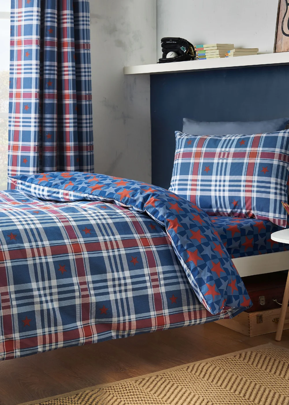 Catherine Lansfield Stars & Check Reversible Duvet Cover Set Blue - Single Image 1