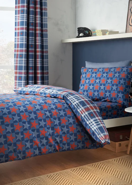 Catherine Lansfield Stars & Check Reversible Duvet Cover Set Blue - Single Image 2