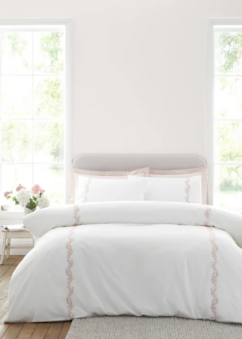 Bianca Fine Linens Camille Embroidered Floral 200 Thread Count Cotton Duvet Cover Set Pink - Single Image 1