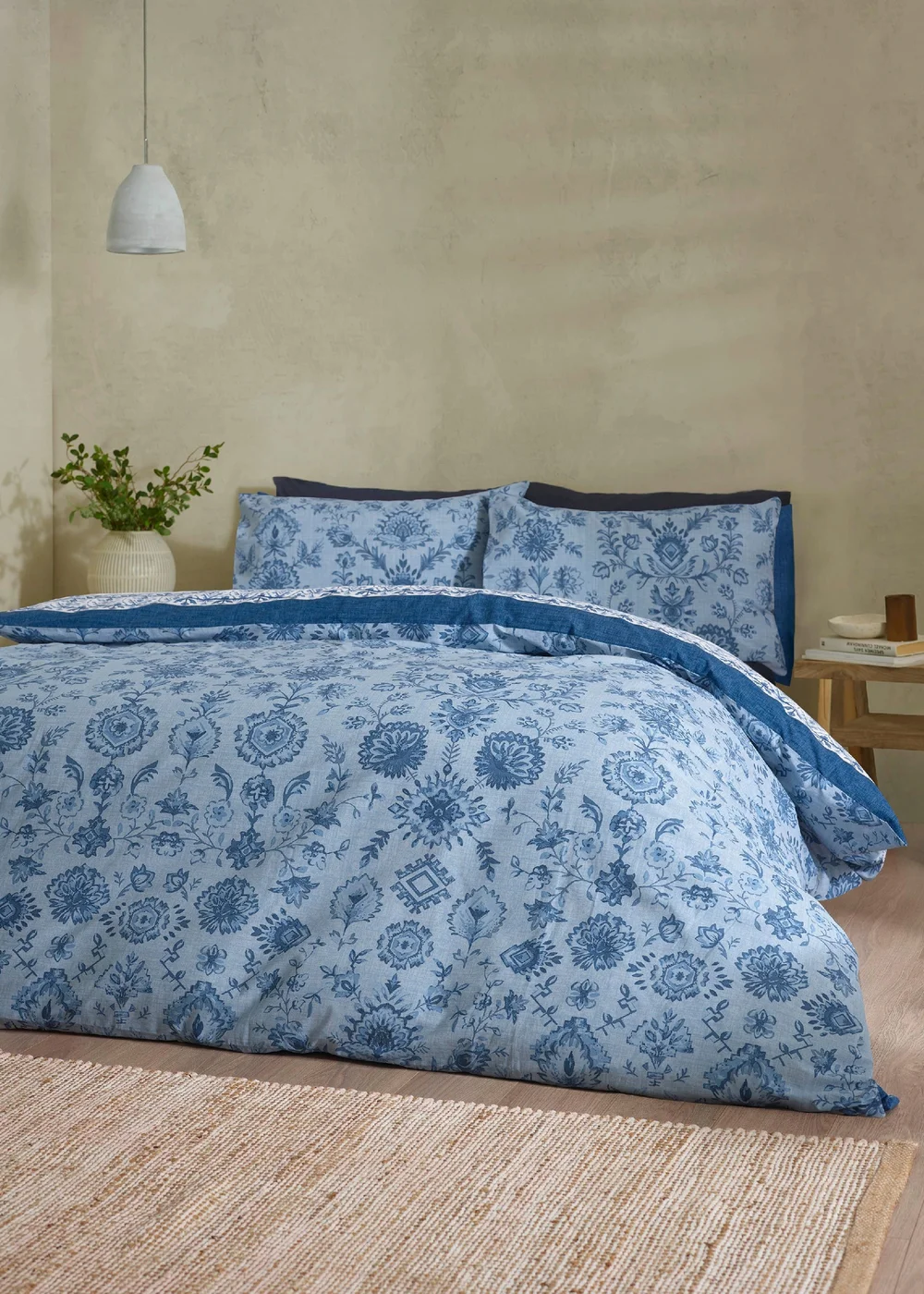 Catherine Lansfield Zoukara Floral Reversible Duvet Cover Set Blue - Single Image 2