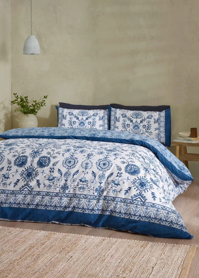 Catherine Lansfield Zoukara Floral Reversible Duvet Cover Set Blue