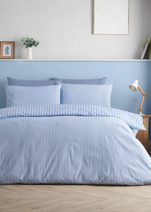 Catherine Lansfield Epping Textured Stripe Reversible Duvet Cover Set Blue - Single Image 2