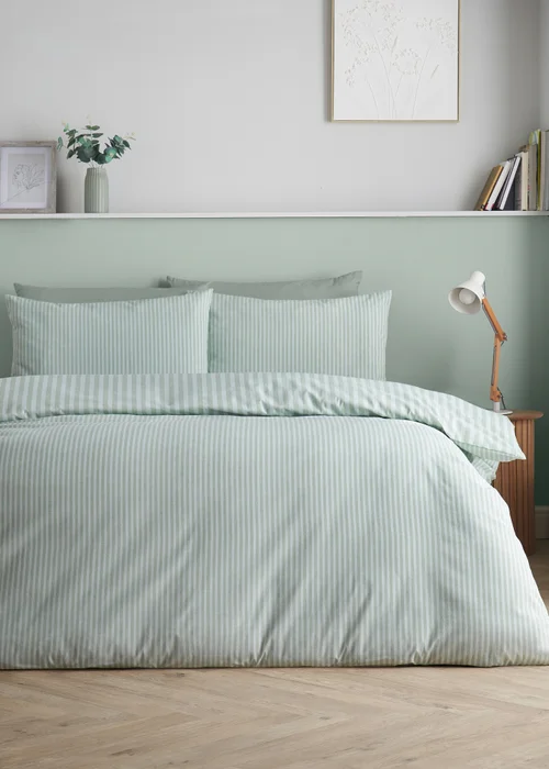 Catherine Lansfield Epping Textured Stripe Reversible Duvet Cover Set Green - Single Image 2
