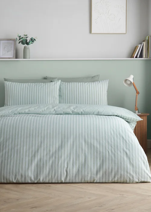 Catherine Lansfield Epping Textured Stripe Reversible Duvet Cover Set Green - Single Image 1