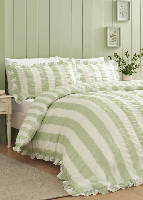 Catherine Lansfield Seersucker Frill Stripe Duvet Cover Set Green - Single Image 1